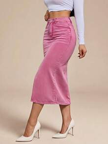 Selenza Plus Size Casual Washed Split Hem Denim Skirt - Pink - View 1