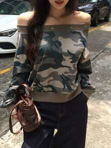 DAZY Off-Shoulder Long Sleeve Camouflage Print Army Green Button Decor Loose Casual Women's Sweatshirt Cute Tops - Army Green - View 4