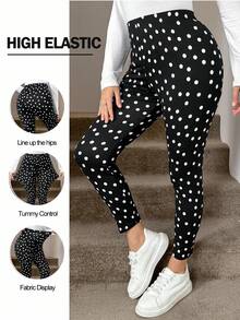 SHEIN LUNE Plus Size Women Polka Dot Casual Versatile Daily Wear Tight Leggings - Black - View 7