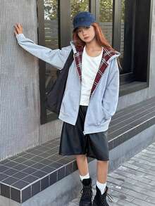 DAZY 青少年女孩秋季服飾 保暖內裡寬鬆休閒運動衫夾克 格紋拼接 寬鬆版型休閒格紋秋季休閒風 - 灰色 - 查看 7