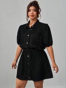 Elenzga Plus Size Women Elegant Comfortable Loose Deep Blue Non-Stretch Denim Dress - Black - View 4