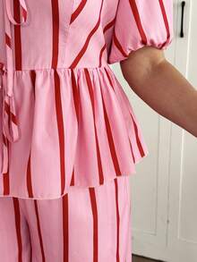 Vionelle Plus Size Pink Striped Bowknot Short Sleeve 2 Pieces Set - Pink - View 3