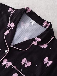 Teen Girls Black Base Bow Print Long Sleeve Cardigan & Long Pants 2 Pieces Set, Casual Comfortable Loungewear - Black - View 4