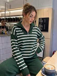 Striped Zipper Pullover Pant Knit Set - Dark Green - View 1