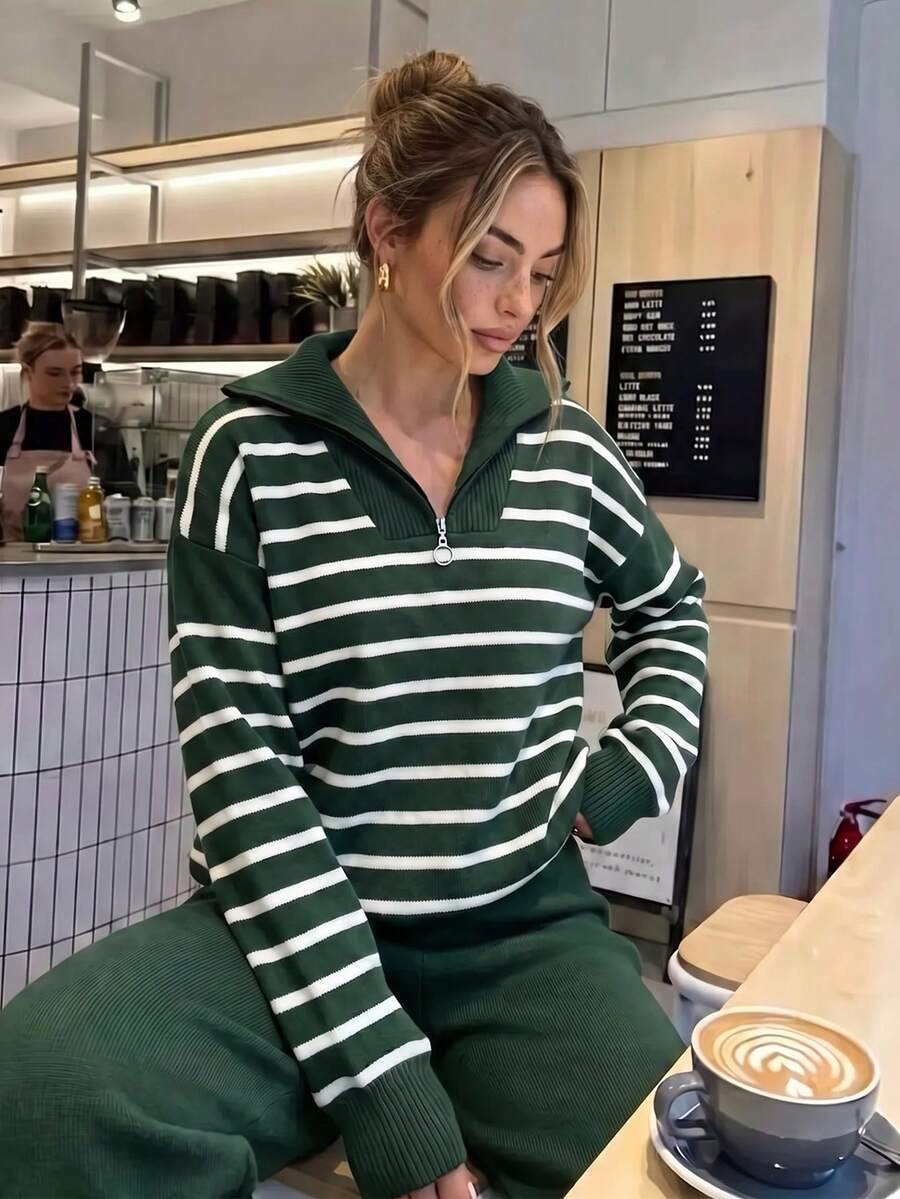 Striped Zipper Pullover Pant Knit Set - Dark Green - View 1