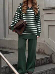 Striped Zipper Pullover Pant Knit Set - Dark Green - View 5