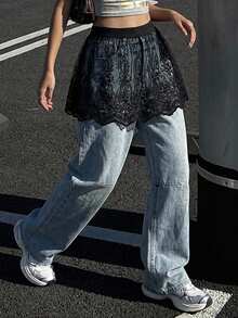 FRIFUL Women's Fashion Casual Daily Sheer Mesh Embroidered Skirt School - Black - View 4