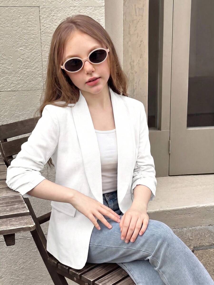 SHEIN 少女優雅休閒時尚藍白條紋披肩領抓皺七分袖西裝外套 秋季條紋西裝夾克 - 白色 - 查看 1