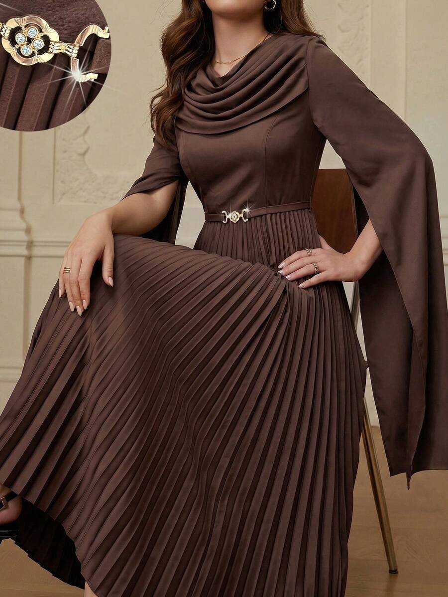 Modelyn Women's Solid Color Metal Decor Ruched Waist Long Sleeve Side Slit Deep Brown Dress, Elegant For Parties And Various Occasions