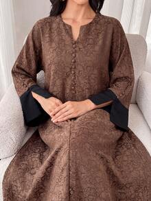Al Najma 女款V領撞色喇叭袖阿拉伯風長洋裝，端莊優雅保守風，全遮蓋秋季正式棕色長裙 - 棕色 - 查看 2