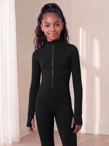 SHEIN Tween Girls Seamless Ribbed Long Sleeve Activewear Jumpsuit Mock Neck Half Zip Thumbhole Athletic Stretchy Tight, Fall Clothes, Halloween, School - Black - View 3