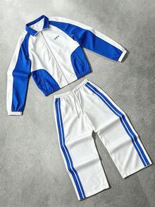 Manfinity Hypemode Conjunto de chaqueta y pantalones con bloques de color y patchwork para hombre - Azul y blanco - Ver 3