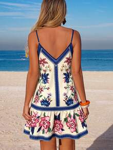 SHEIN Swim Vcay 女款春夏度假花卉印花細肩帶洋裝，附荷葉邊下擺 - 藍白色 - 查看 2