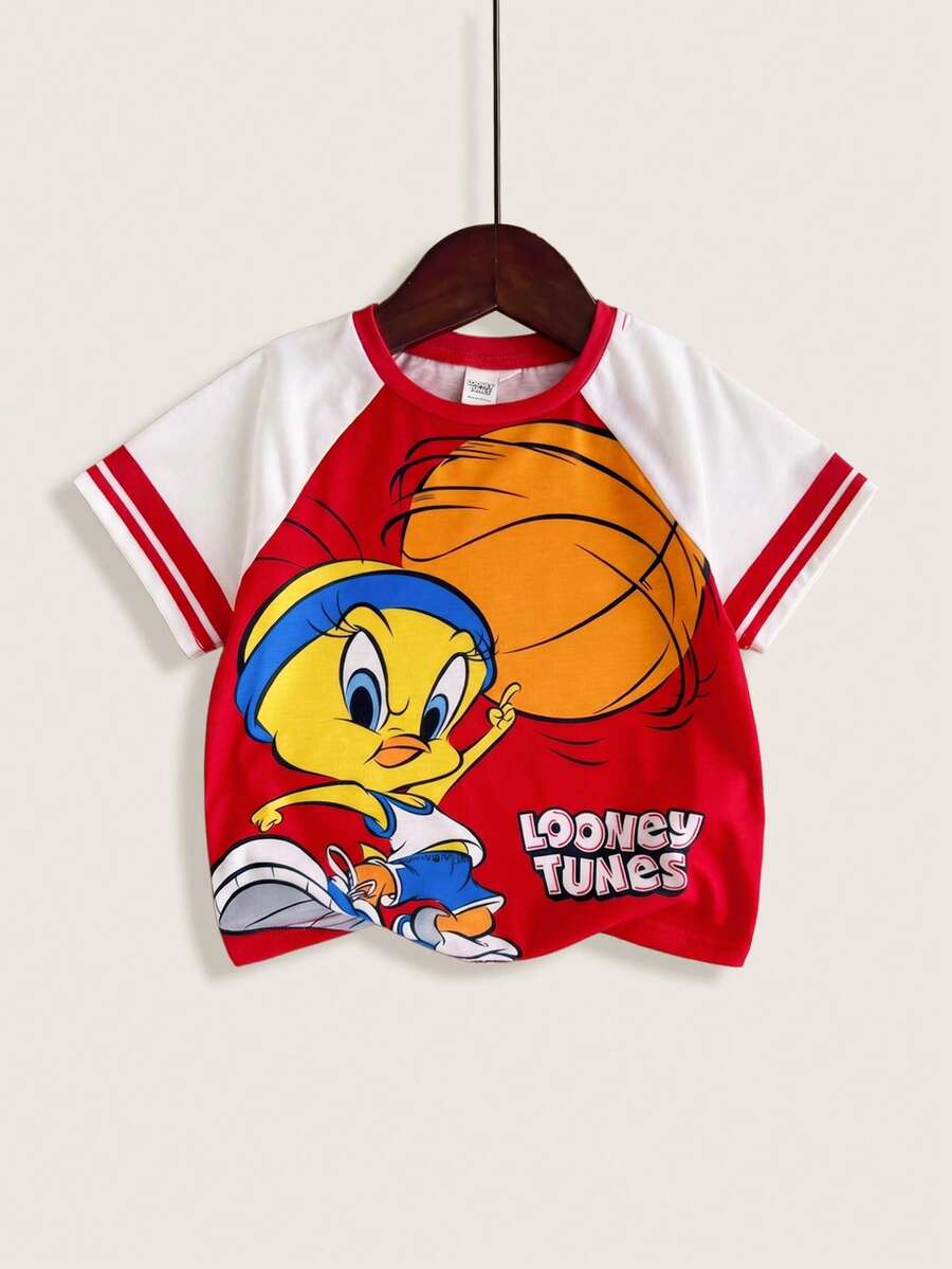 LOONEY TUNES X SHEIN 小男孩圓領字母卡通印花休閒百搭日常出遊短袖T恤 - 紅色 - 查看 1