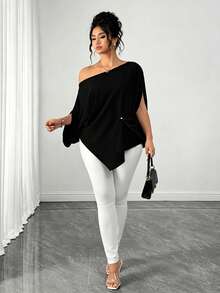Elenzga Plus Size Solid Color Asymmetric Hem Loose Fit Blouse - Black - View 6