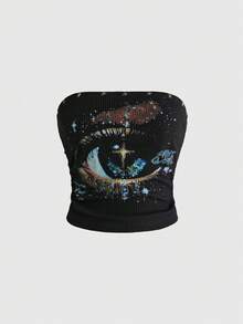 ROMWE Atasan Tube Top Rajut Bergaris Hitam Pas Badan dengan Motif Mata dan Dekorasi Bintang untuk Klub Musim Panas Gaya Y2k Streetwear - Hitam - View 1