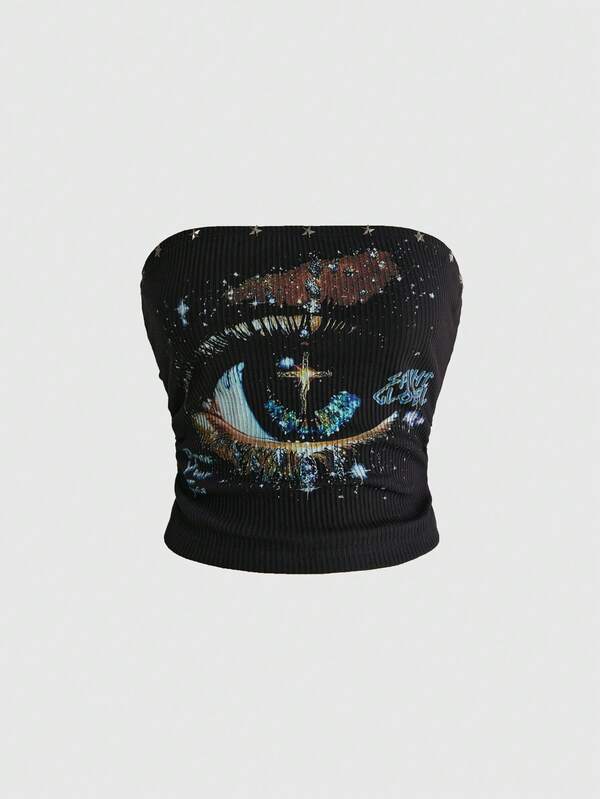 ROMWE Y2K Black Ribbed Fitted Eye Print Star Decor Knit Tube Top