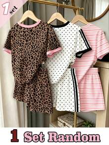 (1 Random Item From 3) Girls' Fashion Pony Pink Striped Leopard Print Colorblock Bow Polka Dot Strawberry Pattern Basic Short T-Shirt And Shorts - Multicolor - View 2