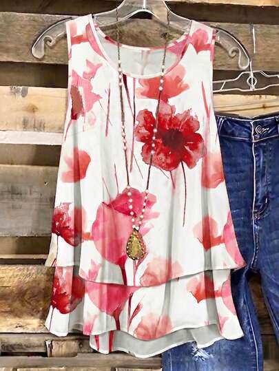 Linhara Plus Size Luxury Premium Fresh Print Double Layer Camisole Top, Summer Casual Outfit For Going Out And Party Wear