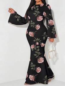 Veilorie Plus Size Women's Elegant Long Sleeve Back Tie Waist Mermaid Hem Dress - White - View 1