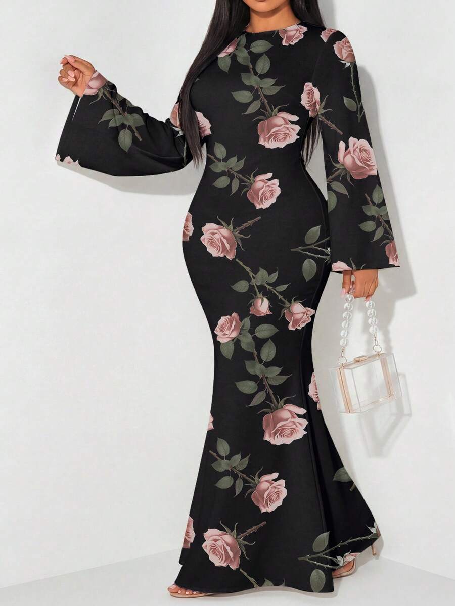 Veilorie Plus Size Women's Elegant Long Sleeve Back Tie Waist Mermaid Hem Dress - White - View 1