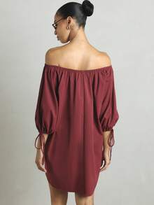 KSTM Off-Shoulder Puff Sleeve Mini Dress With Tie Cuff Detail Relaxed Fit Summer Party Shift Dress - Burgundy - View 6