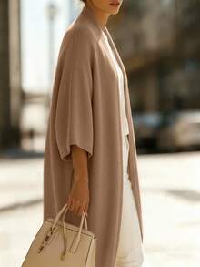 SHEIN 新款女款秋季素色休閒百搭針織開襟外套，卡其色，適合外出、通勤與日常穿著 - 駝色 - 查看 7