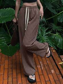DAZY Women's New Loose Drawstring Striped Wide Leg Casual Pants Cute Tops - Coffee Brown - View 2