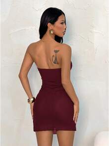 SHEIN PETITE Women's Standard Size Bandeau Lace Ruffle Sexy Dress - Burgundy - View 2