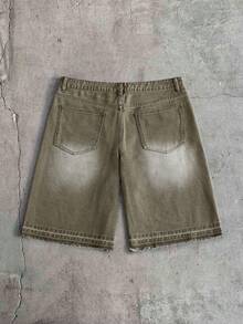AXEPEAK Quần short denim nam giặt mài rách in chữ - Màu xanh lá cây đậm - Xem 2