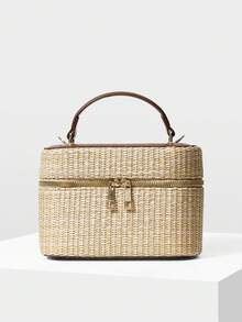 MOTF WOMEN'S FASHION APRICOT STRAW HANDBAG, EXQUISITE SIMPLE BOX BAG, FOR DAILY, COMMUTING, SHOPPING, SUMMER VACATION, TRAVEL, BEACH, SEASIDE - Brown straw weaving - View 3