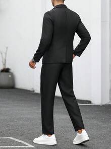 Manfinity Mode Men's Solid Color Casual Business Suit Set, Made Of Textured Fabric, Suitable For Daily Commute, Relaxed Work Environment Or Semi-Formal Occasions, Also An Ideal Gift For Boyfriend And Husband - Black - View 2