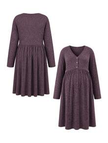 SHEIN Purple Autumn And Winter Long-Sleeve Maternity Dress With Large Size, Front Button, Breastfeeding, High Waist, Slimming, Knitted Knit Fabric Fall - Purple - View 3