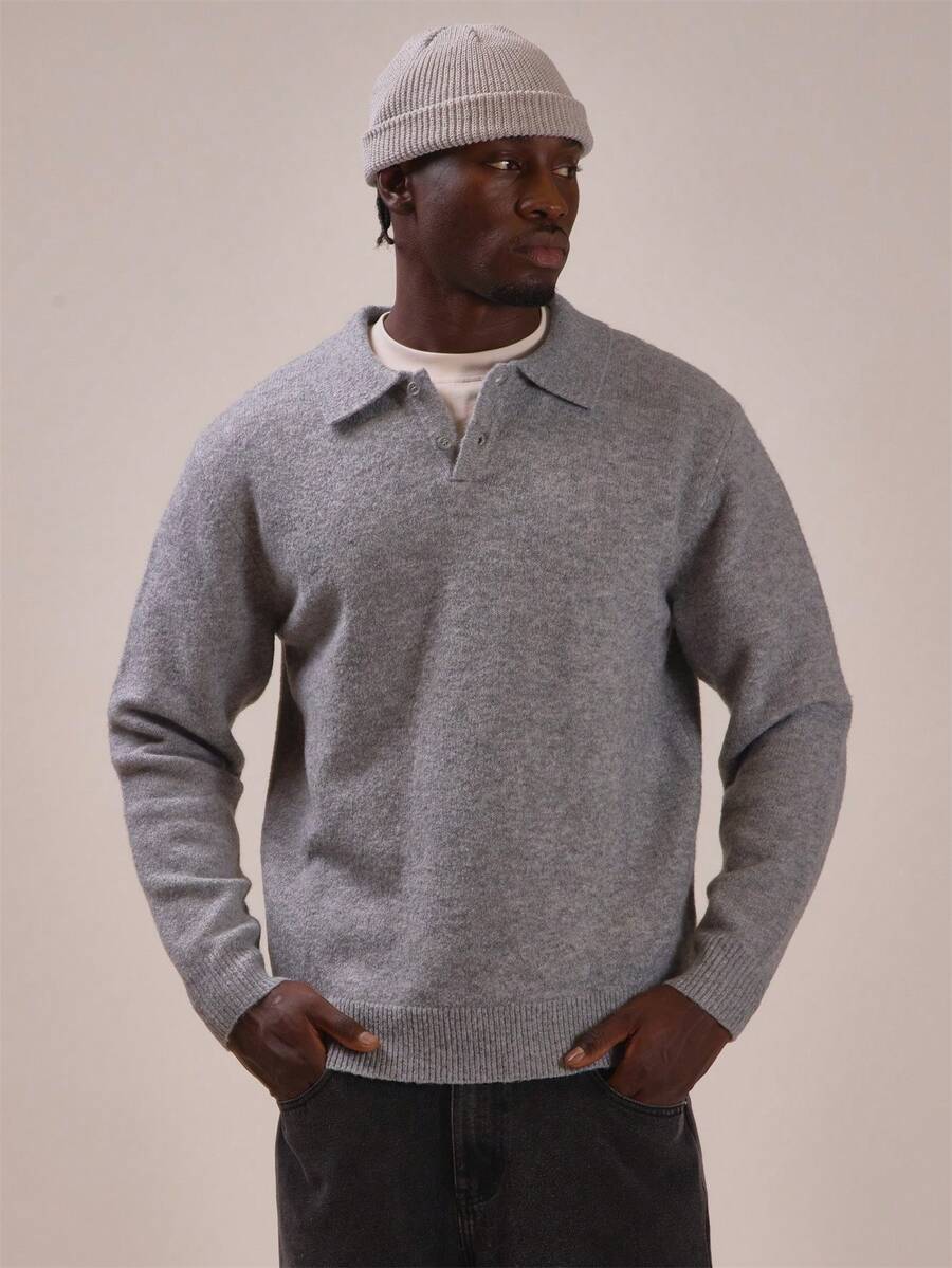 Musero Realxed Fit Polo Collar Knit Jumper Short Button Placket Textured Knit Core Knit Essentials - Grey - View 1