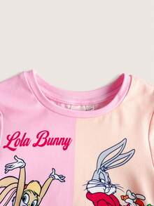 LOONEY TUNES X SHEIN Baby Girl Cartoon Print Colorblock Round Neck Short Sleeve T-Shirt And Casual Fitted Shorts Set - Pink - View 4