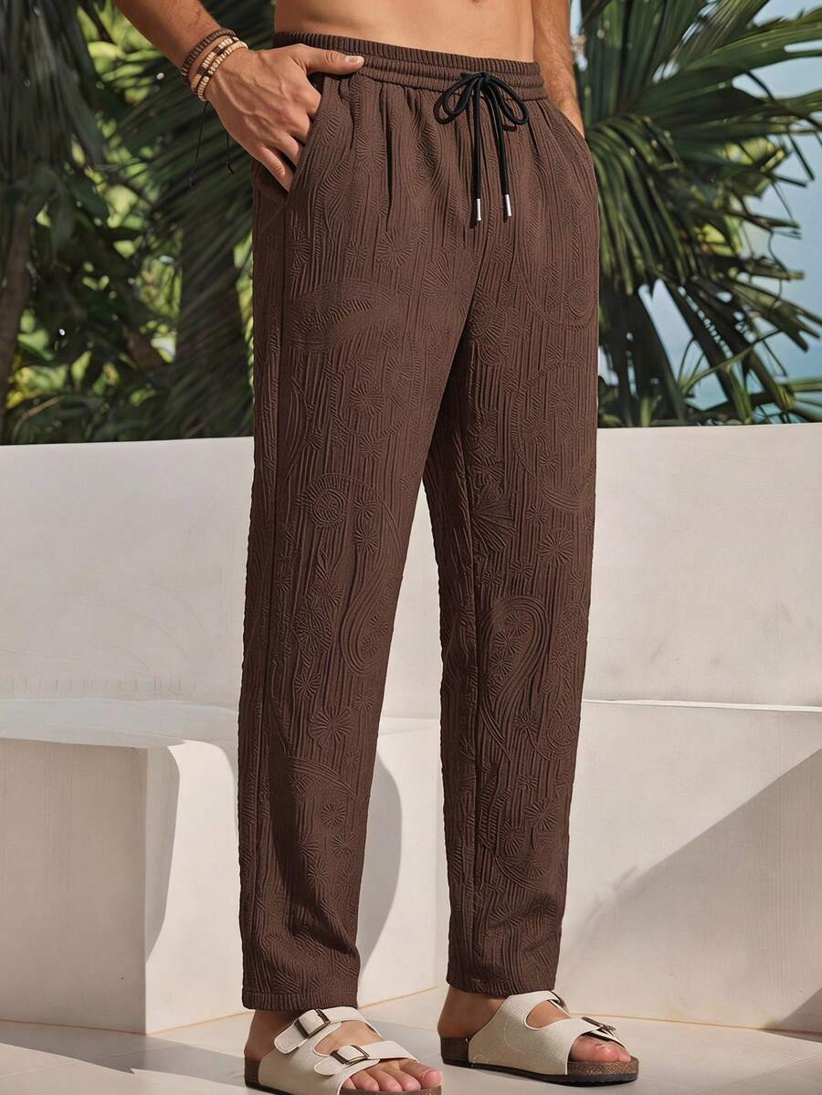 HIMLAND Men's Casual Solid Color Textured Pants - Coffee Brown - View 1