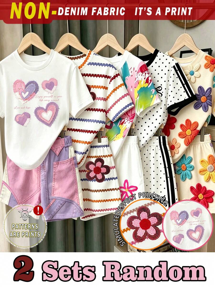 (2 Random Item From 5) Girls' Purple Pink Heart, Colorful Brown Stripe, Floral, Bow, Polka Dot Pattern Basic Short T-Shirt And Shorts - Multicolor - View 1