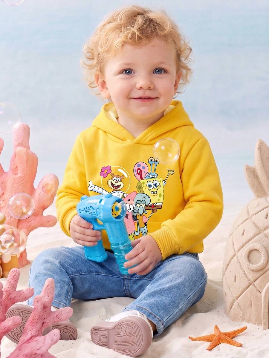 SpongeBob SquarePants | SHEIN GraphicGems 女童春秋連帽衛衣,彩虹藍可愛卡通印花,幼兒園生日仙女公主風 - 黃色 - 查看 1