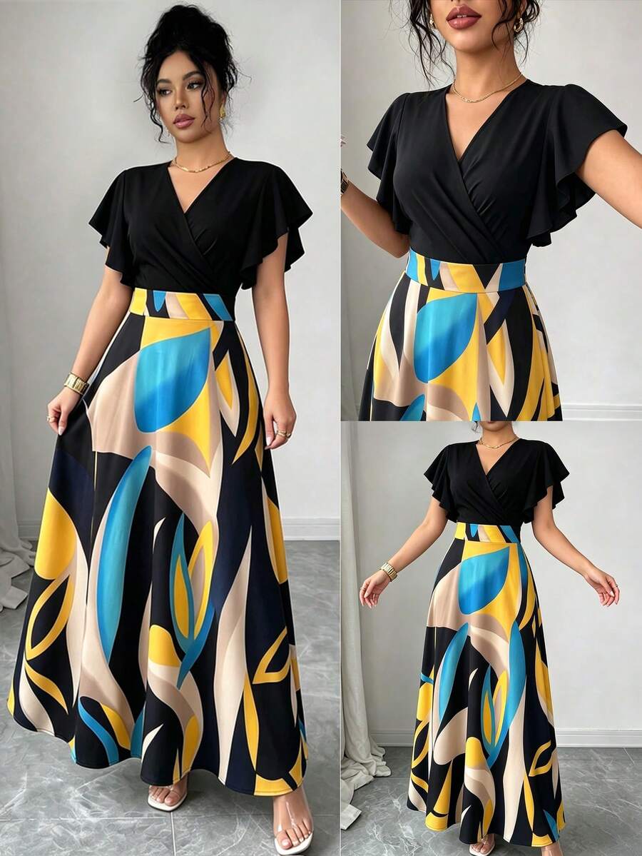 Elenzga Women's Spring/Summer Elegant Burgundy Red Leaf Pattern Design Pleated Design Flutter Sleeve Design Fitted Slim Fit Flared Long Dress - Multicolor - View 1