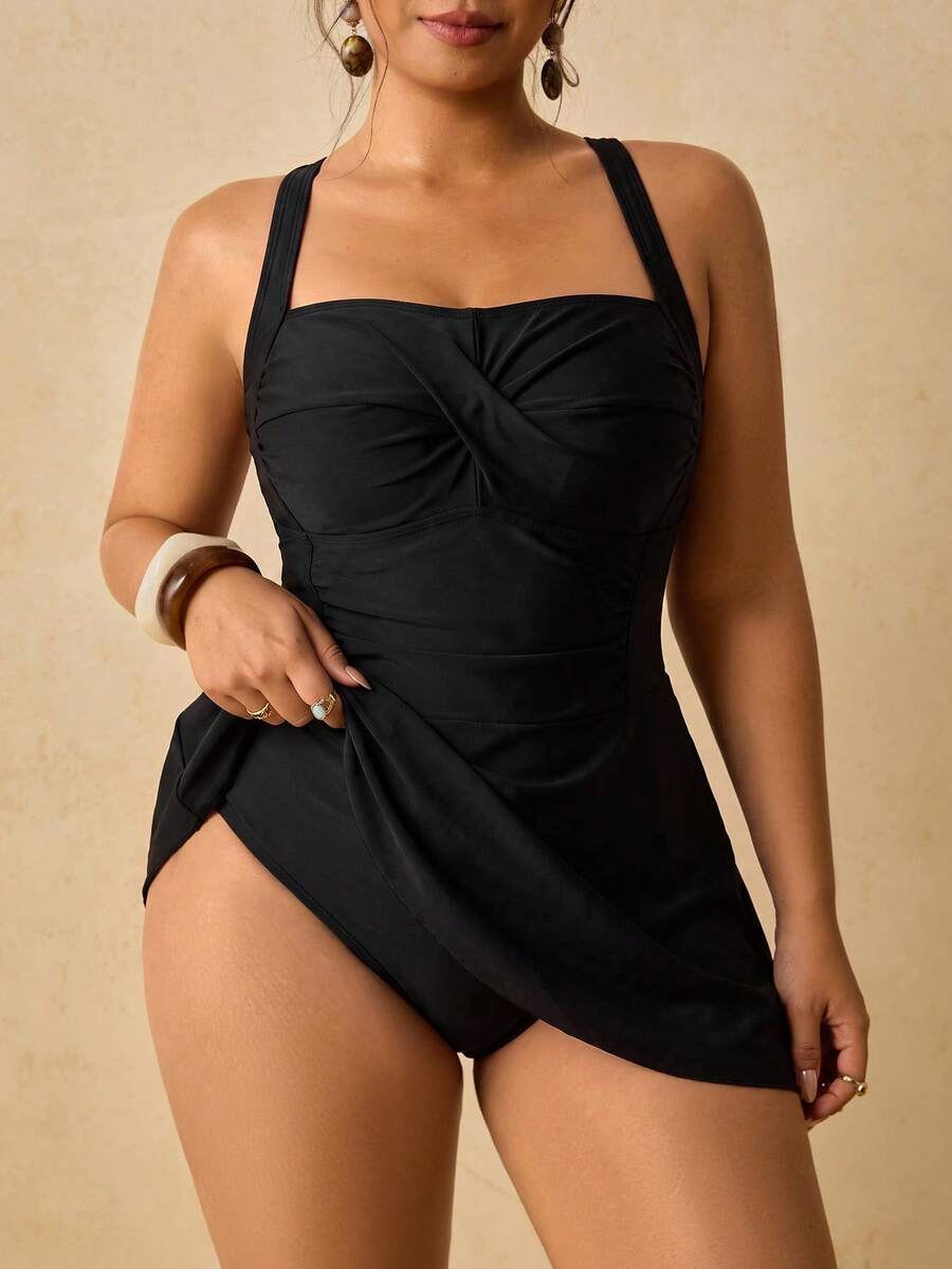 Travachic Plus Size Women's Solid Color Ruched One-Piece Swimsuit With Spaghetti Straps For Vacation - Black - View 1