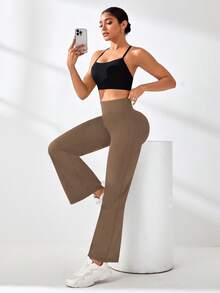 SHEIN Sports Women's Solid Color High Waist Pockets Sports Long Pants - Khaki - View 5