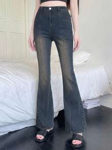 DAZY Celana Jeans Model Flare Denim Ketat dengan Efek Lusuh untuk Remaja Putri Musim Gugur - Biru - View 7