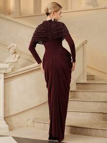 Anewsta Affair Gaun Malam Mewah Wanita Elegan Berwarna Burgundy dengan Hiasan Renda dan Patchwork untuk Acara Pernikahan dan Pesta. - Burgundy - View 2