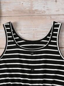 Emery Rose Kids Emery Rose Kids Tween Girls Knitted Black & White Striped Cinched Waist Loose Tank Jumpsuit, Casual Daily Fashion Versatile Streetwear For Sisters, Photo, Vacation, Travel, Girls Outfit - Black and White - View 4