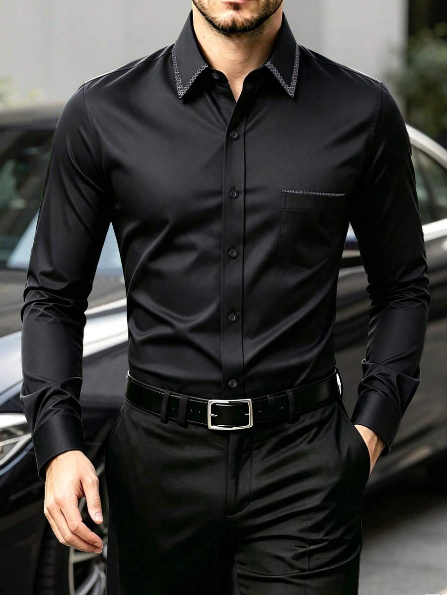 Manfinity Mode Men's Black Autumn Classy Formal Commuter Dress Shirt,Design Business Casual Long Sleeve Button Up Top With Pocket,Solid Color Stylish Shirt - Black - View 1