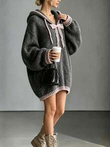 LUMIGAL Women's Lace Bow Decor Drop-Shoulder Long Sleeve Hooded Knit Dress - Dark Grey - View 5