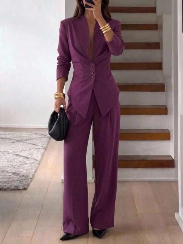 Aloruh Purple Suit Set With V-Neck, Cinched Waist And Fixed Pleats, Minimalist Commuter Office Wear For Early Autumn