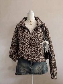 SHEIN EZwear 女款經典豹紋半拉鍊運動衫，棕色調，秋季休閒街頭風，適合多種場合，Y2K復古風，返校季秋冬上衣 - 彩色 - 查看 1