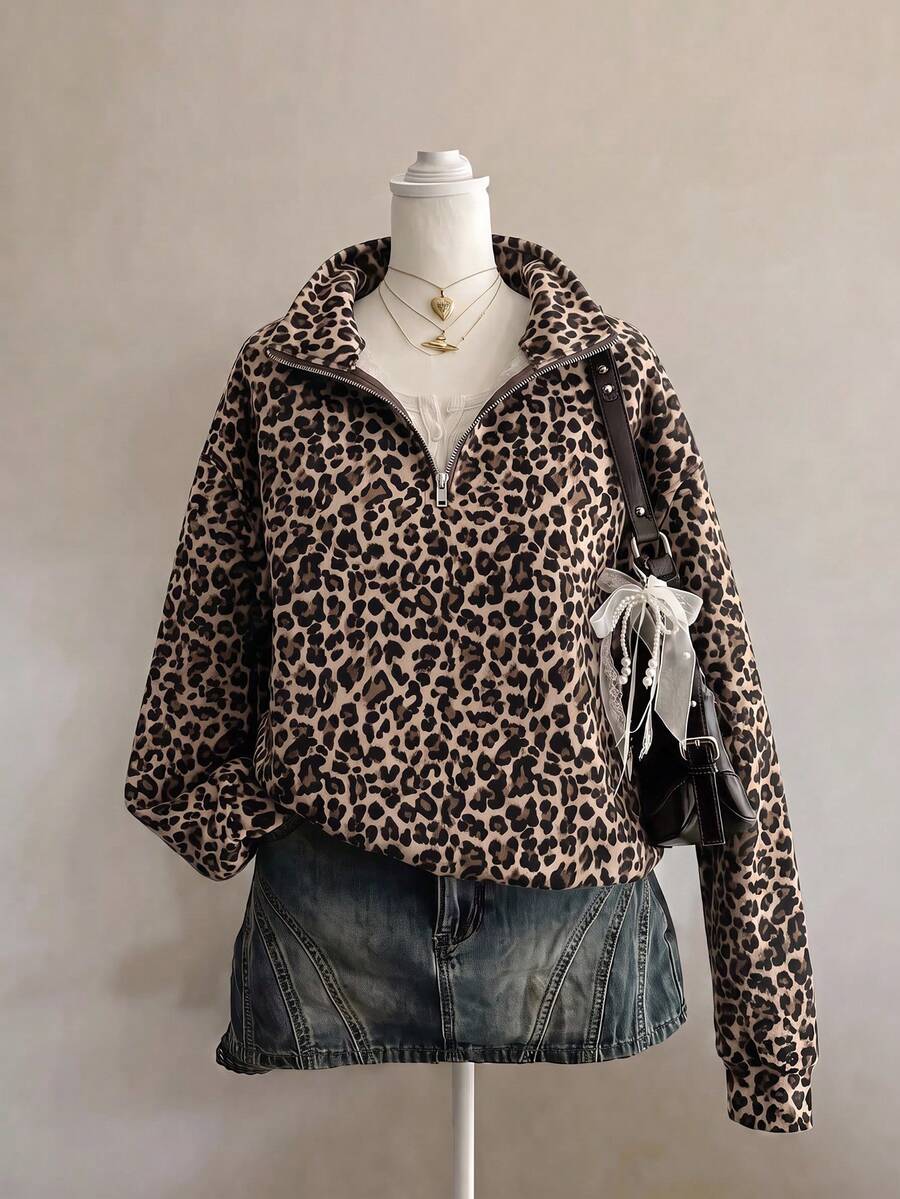 SHEIN EZwear 女款經典豹紋半拉鍊運動衫,棕色調,秋季休閒街頭風,適合多種場合,Y2K復古風,返校季秋冬上衣 - 彩色 - 查看 1