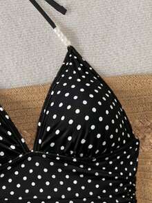 Sunnyshic Beach Party Outfits For Woman Vacation Solid Color Knitted Textured Spot Beaded Drawstring Spaghetti Strap Bikini Top Black And White Polka Dot Summer - Black - View 6